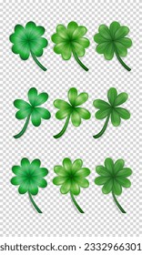 Big set of realistic vector green clovers various shape and style on transparent background. Different cartoon trefoil as an Irish symbol, sign of luck. Plant with leaves, shamrock for St Patrick Day