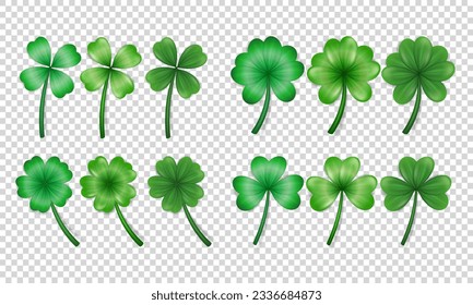 Big set of realistic vector green clovers various shape and style on transparent background. Different cartoon trefoil as an Irish symbol, sign of luck. Plant with leaves, shamrock for St Patrick Day