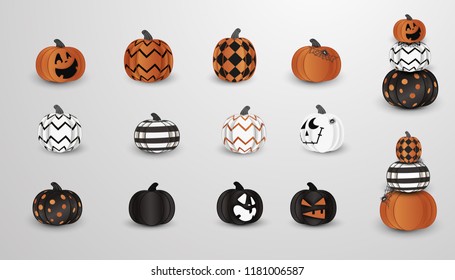 Big Set of Realistic vector Halloween spooky, creepy pumpkins with different faces, spider web isolated. Cartoon Pumpkin lantern. Scary Jack. Modern halloween symbol and decoration.