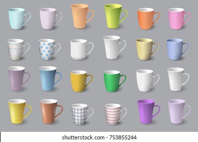 Big set of realistic white and colored cups. Mugs isolated on grey background. Vector template for Mock Up. Vector collection