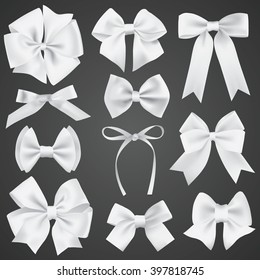 Big set of realistic white gift bows and ribbons