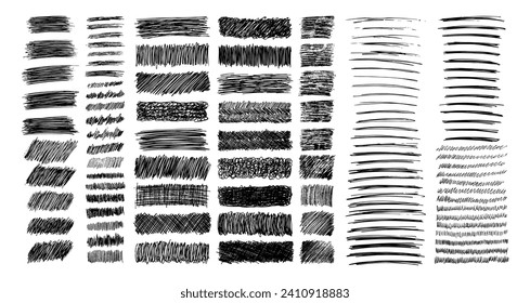 Big set of rectangle scribble smears, wavy lines and strokes drawn with pen. Black hand drawn design elements on white background. Vector illustration