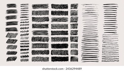 Big set of rectangle scribble smears, wavy lines and strokes drawn with pen. Black hand drawn design elements on transparent background. Vector illustration