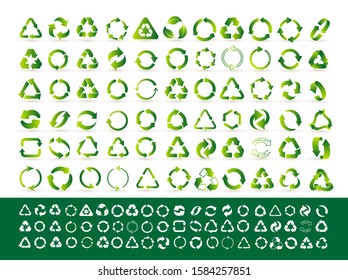 Big set of recycle icon. Green recycling and rotation arrow icon pack. Flat design web elements for website, app for infographics materials. Eco vector illustration. Isolated on white background.