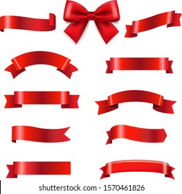 Big Set Red Bow And Ribbons With Gradient Mesh, Vector Illustration