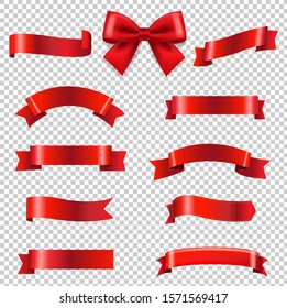 Big Set Red Bow And Ribbons Transparent Background With Gradient Mesh, Vector Illustration