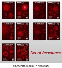 Big set of red brochures with geometric patterns