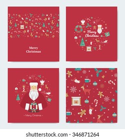 Big set of red cards for Christmas. Bright New Year card for 2016 with decorative elements. Santa Claus with Christmas toys and gifts