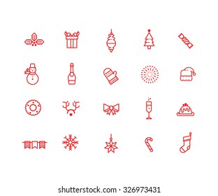 Big set of red Christmas and New Year icons on white background. Linear, outlined, simple