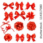 Big set of red gift bows with ribbons. Vector illustration.