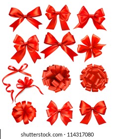 Big set of red gift bows with ribbons. Vector illustration.