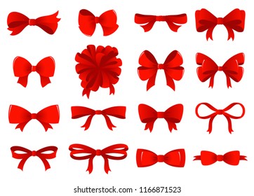 Big set of red gift bows with ribbons. Vector illustration