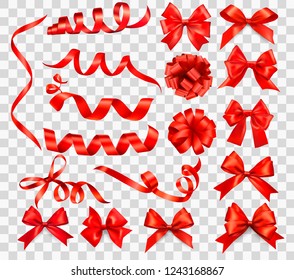 Big set of red gift bows with ribbons. Vector illustration. 