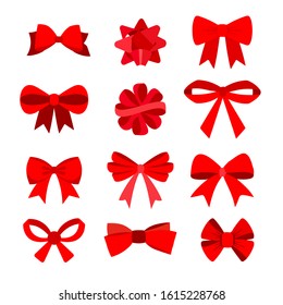 Big set of red gift bows with ribbons. Vector illustration.