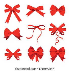 Big set of red gift bows with ribbons. Vector