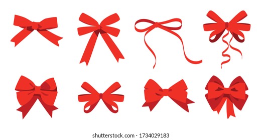 Big set of red gift bows with ribbons. Vector