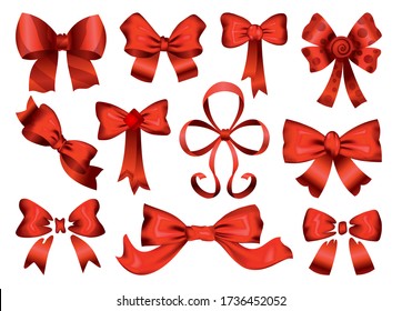 Big set of red gift bows with ribbons. Icons with decorative and festive design. Vector realistic bows illustration isolated on white background