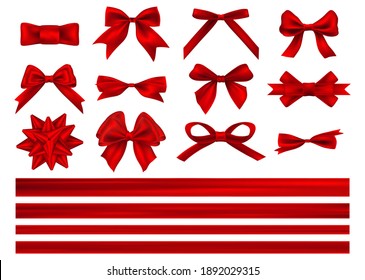 Big set of red gift bows with ribbons. Decorative red bow with horizontal red ribbon isolated on white.