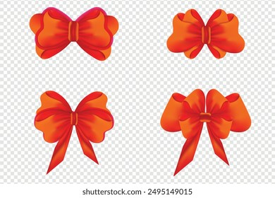 Big set of red gift bows with ribbons, Set of celebratory red bows, Set of red sketched bow and ribbon. Hand drawn vintage line art vector illustration, Decorative red bow collection set. 3D Realistic