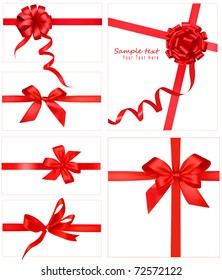 Big set of red gift bows with ribbons. Vector.