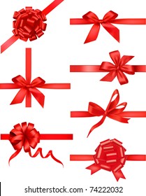 Big set of red gift bows with ribbons. Vector.