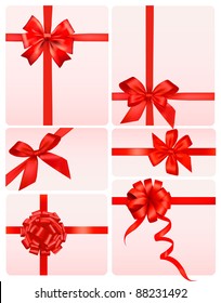 Big set of red gift bows with ribbons. Vector.