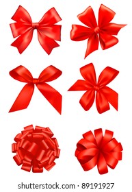 Big set of red gift bows with ribbons. Vector.