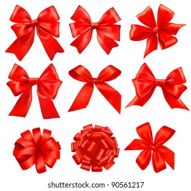 Big set of red gift bows with ribbons. Vector.