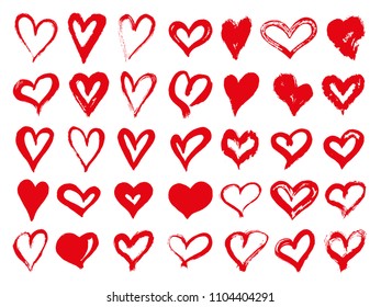 Big set of red grunge hearts. Design elements for Valentines day. Vector illustration heart shapes. Isolated on white background