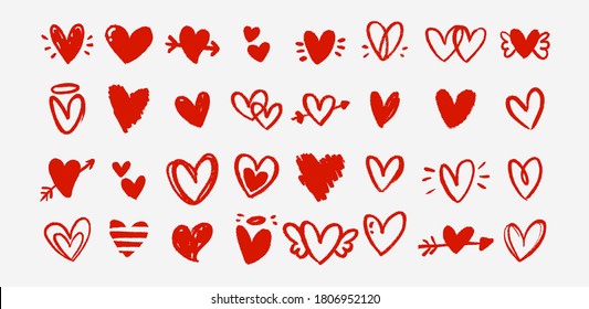 Big set of red grunge hearts. Design elements for Valentine's day. Vector illustration heart shapes. Isolated on white background.