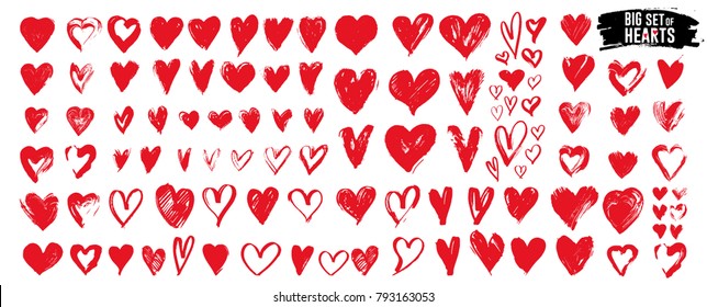 Big set of red grunge hearts. Design elements for Valentine's day. Vector illustration heart shapes. Isolated on white background