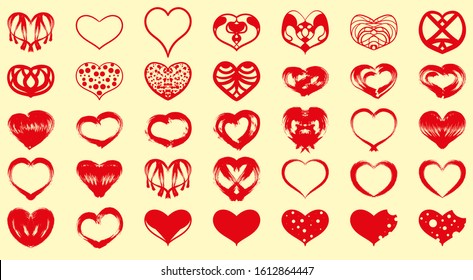 Big set of red hearts collection icon, love symbol for Valentines Day, wedding, birthday. Isolated on white, vector