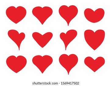 Big set of red hearts of different design on white background. Vector illustration.