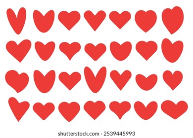 Große Reihe von roten Herzen in verschiedenen Formen, flach, handgezeichnet. Design-Elemente für Valentinstag, Websites, Hochzeit. Vektor.EPS 10.