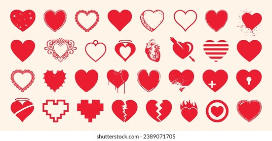 Big set of red hearts on a cream color background. Vector illustration for your design.