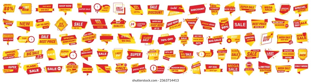 Big set of red and orange promotion badges. Sale, discount, special offer, best price sticker tag collection. Set of shopping banner	