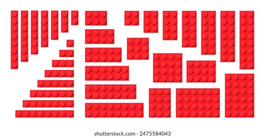 Big set of red plastic building toy blocks. Simple vector collection of childrens bricks. Abstract vector illustration isolated on a white background