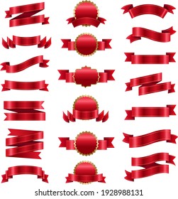 Big Set Red Ribbon And Isolated White Background, Vector Illustration