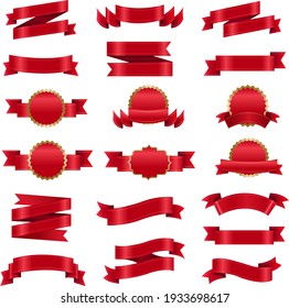 Big Set Red Ribbon And Isolated White Background, Vector Illustration