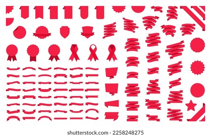 Gran conjunto de cintas rojas. Colección de cintas modernas y sencillas. Banner coloreado para publicidad y promoción de marketing, decoraciones de promoción lineal curvadas. Colección de pendientes, etiquetas y simplificadores.