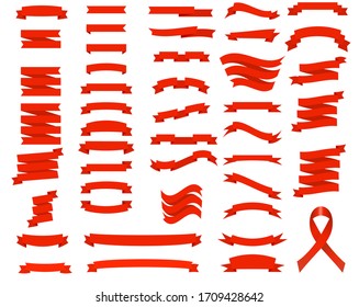 Big set of red ribbons for design, discount offer and gift. Retro style.Vintage. Flat ribbon illustration isolated on white background.