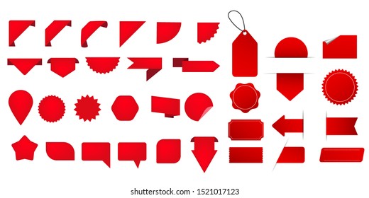 Big set of red ribbons of different shapes isolated on white background
