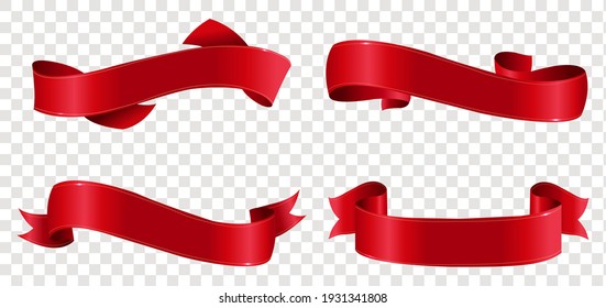 Big Set Red Ribbons Isolated Transparent Background, Vector Illustration