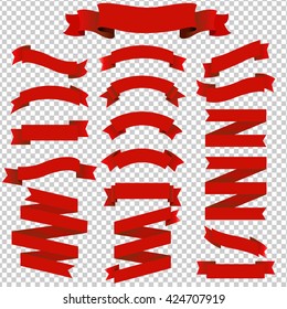 Big Set Red Ribbons, Isolated on Transparent Background, Vector Illustration 