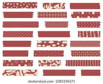 Big set of red ribbons. Washi tapes collection with pattern in vector. Pieces of decorative tape for scrapbooks. Set of vintage labels