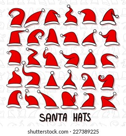 Big set of Red Santa hats. 