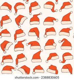 Big set of red Santa hats isolated on white background. Winter, New Year, Christmas. Santa's clothes. Festive cap. Vector illustration