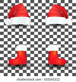 Big set of red santa hats and boot. Vector.