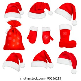 Big set of red santa hats and clothing. Vector illustration.