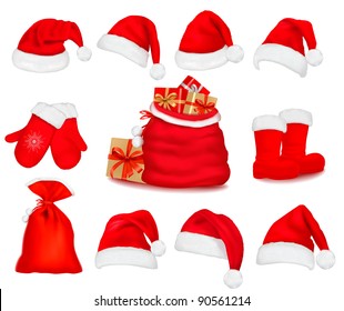 Big set of red santa hats and clothes and a gift bag. Vector illustration.